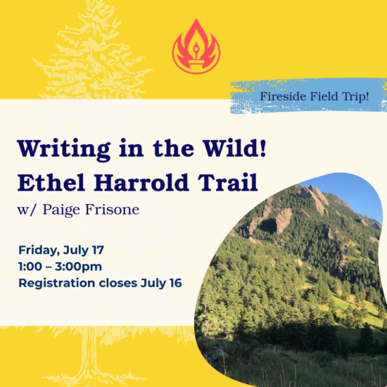Writing in the Wild Graphic Yellow writing in the wild graphic with mountains and Fireside Ink's logo