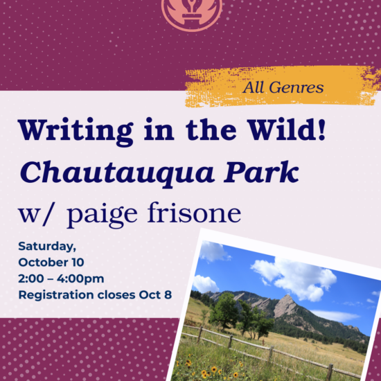 Purple graphic showcasing Writing in the Wild in Boulder Oct. 10